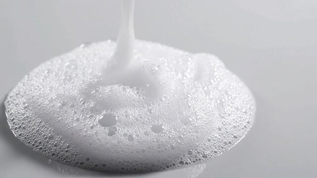 White liquid soap pouring creating bubbles and foam texture close-up for cosmetic skincare and hygiene product advertising
