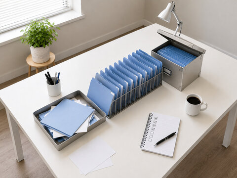 Organized office desk with blue file folders and paper checklist