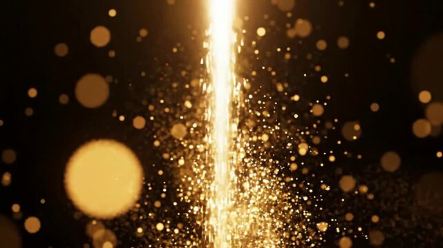 Golden glitter particles falling with bokeh light effects, luxury abstract background, for celebration, christmas, and motion
