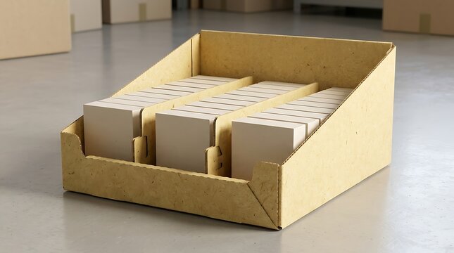 A large open cardboard display tray filled with multiple rows of small white rectangular boxes on a concrete floor in a warehouse setting view