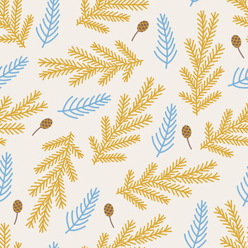 Seamless pattern with fir branch and pine cone.