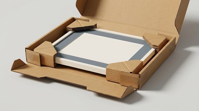 Open flat corrugated cardboard shipping box containing a framed with protective corner inserts, isolated on a light gray studio background