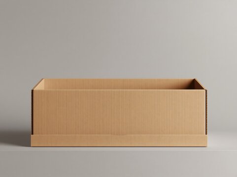 Open brown corrugated cardboard box with a low front and back, sitting on a light gray surface for storage or product packaging needs