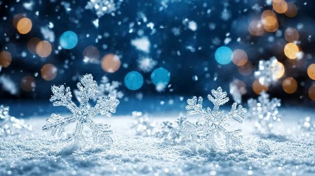 Magical winter snowfall background, with detailed falling, snowflakes and soft, glowing bokeh lights, for christmas and, holiday season projects