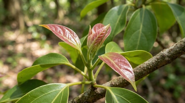 A close-up of flame-cinnamomum camphor leaves showing vibrant red new growth emerging from green foliage on a branch in a natural forest environment