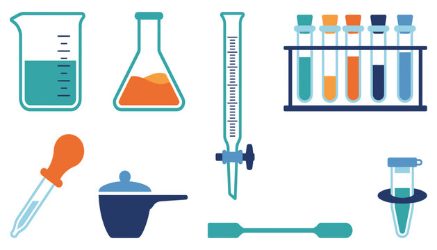 Chemical glassware and measurement tool set with pipette burette and test tubes for professional laboratory testing and student education.