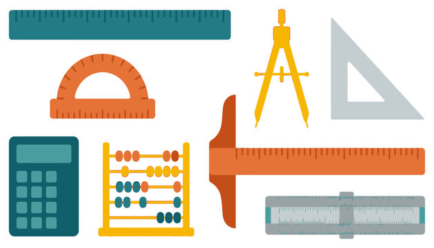 Mathematics and geometry drafting tools including protractor abacus calculator ruler and compass for education engineering design school.
