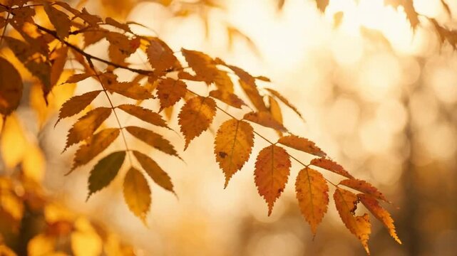 Golden autumn leaves swaying in soft sunlight, peaceful fall nature background, cinematic close-up of orange foliage in a forest