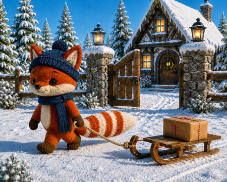 Winter fox pulling a gift on wooden sled through snowy cottage yard