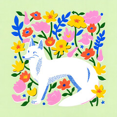 Fototapeta premium Vintage retro colorful white fox and flowers