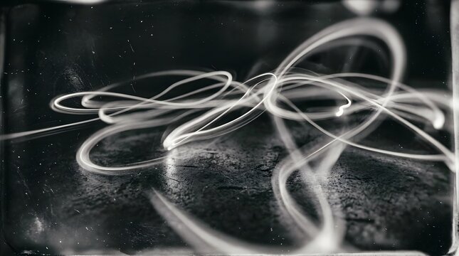 Abstract long exposure light painting photography showing glowing trails loops and curves in the dark with painting exposure abstract