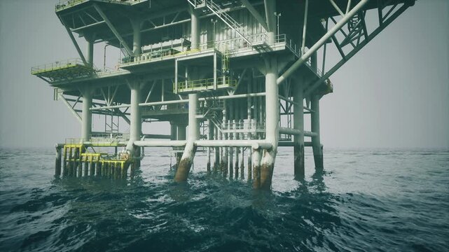 Operational offshore oil platform at dawn, supply deck and cranes in silhouette, walkway network and service modules, ready helipad and safety railings, calm