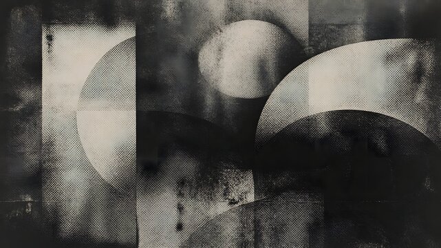 Abstract geometric grunge composition featuring distressed rectangular and curved patterns in monochrome tones geometric composition