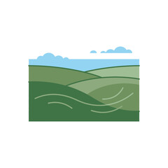 Fototapeta premium Minimalist flat vector illustration of green rolling hills and meadows landscape with blue sky