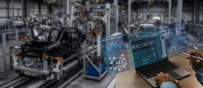 Business person using a laptop with AI manufacturing dashboard overlays in an automated factory, showing robotic process monitoring, production analytics and industrial automation control.