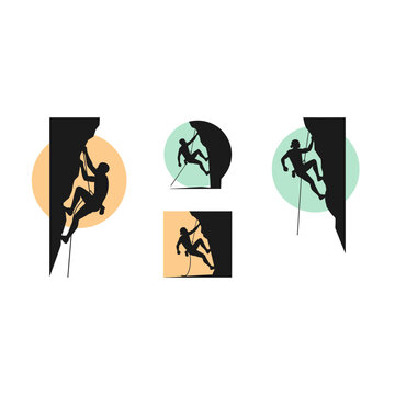 Rock climbers on steep cliff walls silhouette collection