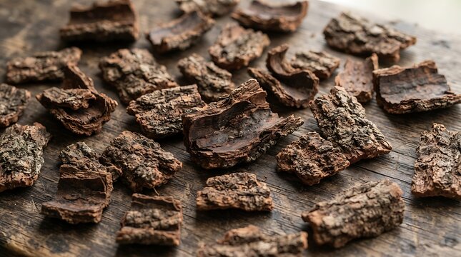 A close-up collection of dried flame-cinchona bark pieces arranged on a rustic wooden surface for traditional medicinal and herbal preparation purposes.