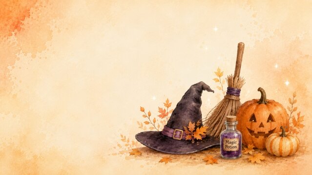 Watercolor halloween scene with witch hat, jack o lantern, broom, magic potion, autumn leaves. spooky holiday decor, magical background, festive greeting card, autumn celebration copy space