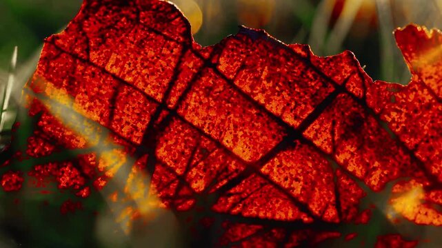The leaf's fiber structure and veins glow with reddish-gold hues, illuminated by backlighting. 