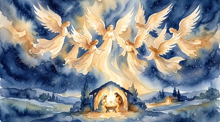 Fototapeta premium Christmas nativity scene with angels overlooking a glowing stable with baby jesus in a snowy village landscape. Watercolor illustration for seasonal greeting card and faith-based holiday design