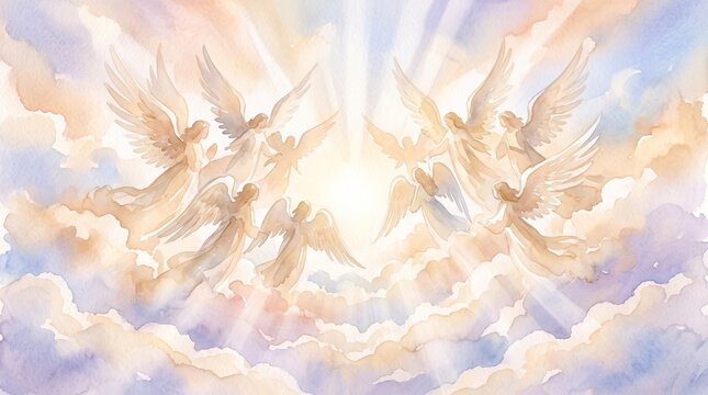 Christmas watercolor illustration of angels flying through glowing clouds. Heavenly nativity celebration background with spiritual light, peace, hope, and copy space