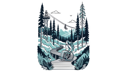 Obraz premium Accessible boardwalk trail with a wheelchair user traveling through pine trees and mountain scenery, concept for universal design and inclusive outdoor adventure, perfect for travel brochures and