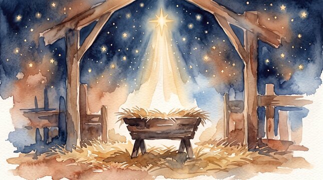 Christmas watercolor illustration of an empty manger beneath a shining star in a rustic stable, celebrating the nativity story and religious holiday tradition