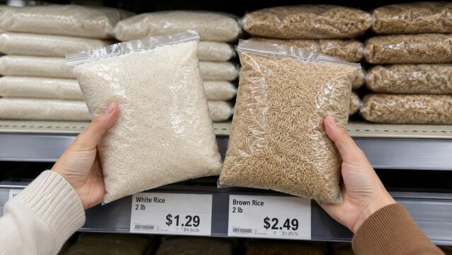 Grocery price comparison with hands holding bags of white and brown rice on store shelf display. concept of budget shopping, saving money, smart consumer choices.