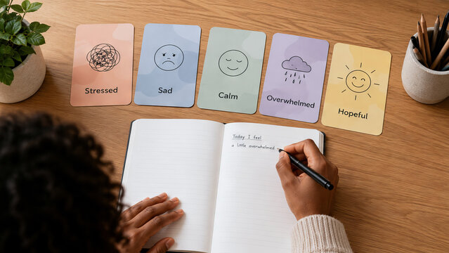 Woman journaling emotions beside cards showing stress, sadness, calm, overwhelm, and hope. Mental health self reflection and emotional wellness practice at home