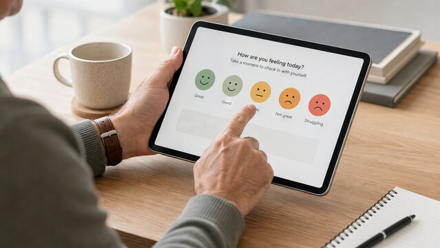 Man completing a digital mood check-in on a tablet. Mental health self-assessment with emotion scale for personal wellness tracking and psychological care