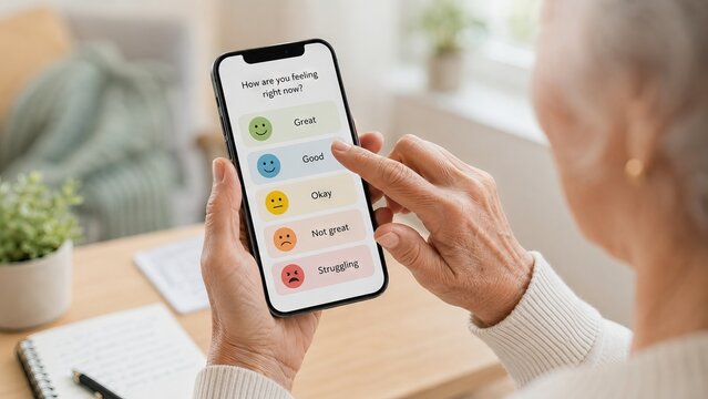 Senior woman completing a digital mood check on smartphone. Mental health self assessment and emotional wellbeing tracking through mobile technology at home