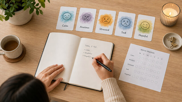 Woman journaling with mood cards and tracker for emotional self awareness, mental health reflection, mindfulness practice and stress management at home
