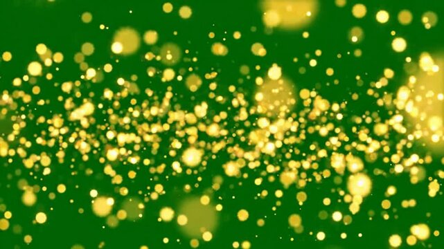Golden bokeh particles floating on green screen background, abstract luxury light overlay for motion and visual effects compositing