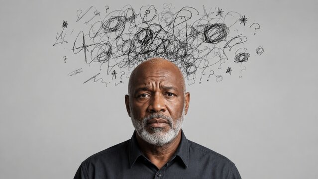 Worried Black man surrounded by tangled thoughts and question marks. Mental health, anxiety, confusion, stress, and emotional struggle concept with copy space