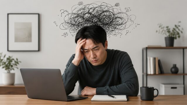 Stressed man holding his head while working on a laptop with tangled thoughts overhead. Mental health, anxiety, burnout, and workplace pressure concept