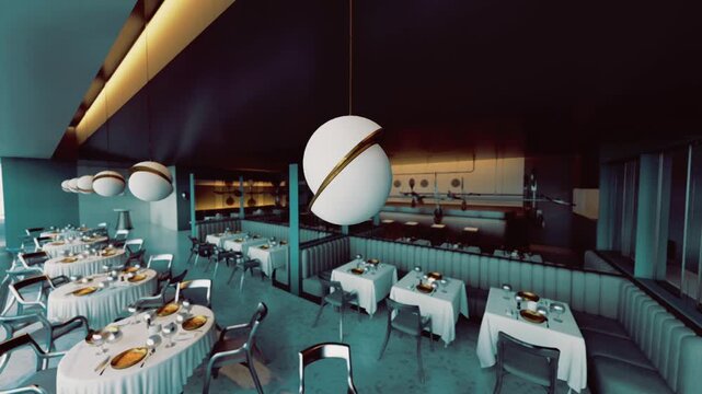 Stylish hotel dining room at dusk with curved banquette seating, low ambient lighting, plated table settings, late checkin dining mood and refined hospitality