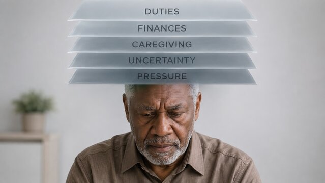 Stressed older man overwhelmed by duties, finances, caregiving, uncertainty, and pressure. Mental health concept showing cognitive overload, anxiety, and emotional burden