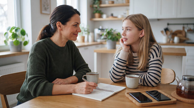 Mother talking with teenage daughter at kitchen table. Supportive family conversation, emotional wellbeing, active listening and mental health communication at home