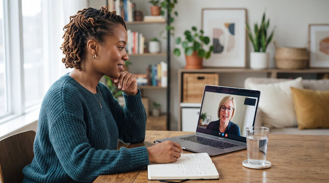 African American woman attending online therapy session with counselor at home. Mental health support, emotional wellbeing and accessible telehealth consultation