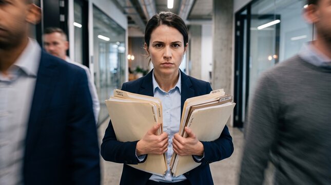 Stressed business woman clutching folders in a busy office corridor. Workplace pressure, burnout, anxiety, and mental health challenge in a demanding professional environment
