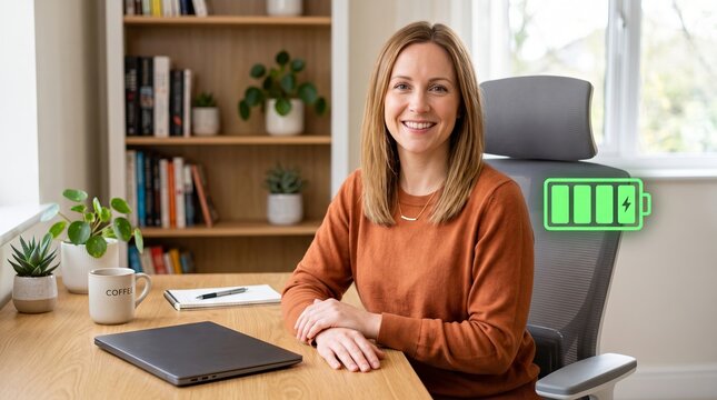 Woman smiling at home office desk with laptop, coffee and full battery icon. Concept of mental health, energy recharge, work life balance, productivity, wellness, burnout recovery
