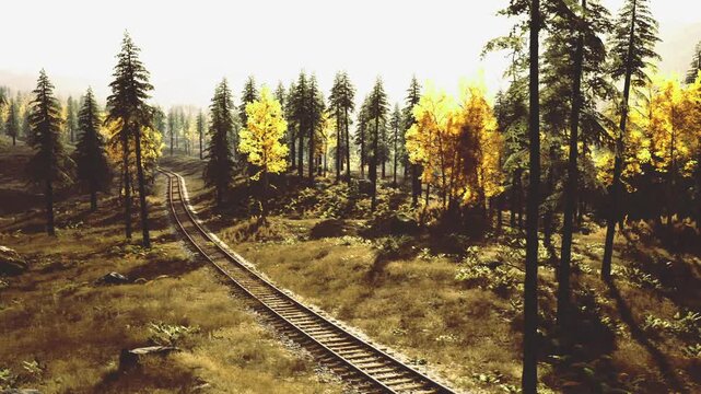 Retro train amid autumn fields. Vintage railway with sepia tones and nostalgia. Pastoral landscape featuring vintage rail line bathed in warm sepia hues