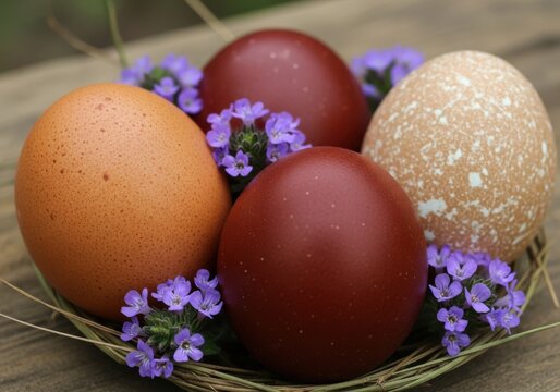 Traditional dyed red and natural brown easter eggs in a nest with purple flowers on rustic wooden table