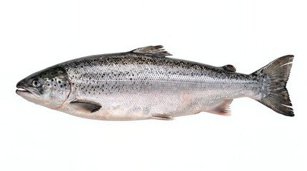 Fototapeta premium Fresh Atlantic salmon fish isolated on white background. High-quality seafood ingredient rich in omega-3, perfect for healthy eating, fishing, aquaculture, restaurant, and food industry concepts.