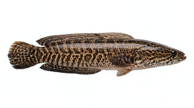 Fresh snakehead fish isolated on white background. Popular freshwater fish with high protein, suitable for healthy diets, aquaculture, restaurants, seafood markets, and commercial food concepts.