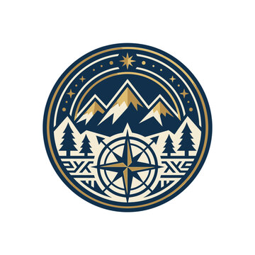 Mountain wilderness badge with compass and pine trees.
