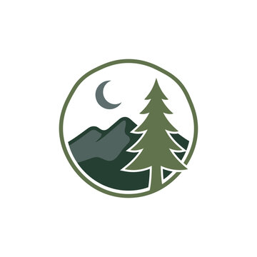 Mountain wilderness night landscape circle logo emblem