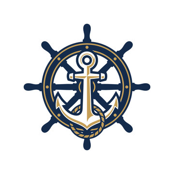Nautical anchor and ship steering wheel combined logo.