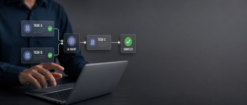 Intelligent process automation concept with an AI agent managing tasks, digital workforce, no code automation, automated decision making for business blog
