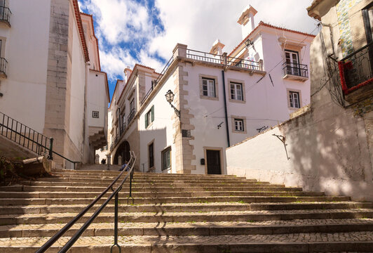 Stone Stairway and Traditional Houses in Alfama District, Lisbon, Portugal